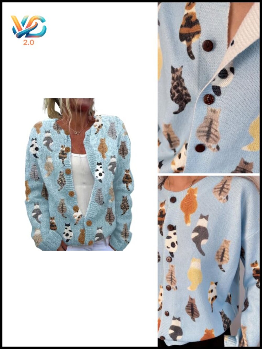 Oversized Cat Cardigan Sweater Wool Blend Button Down Knit